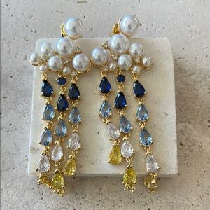 Elegant Gold and Blue Pearl Drop Earrings